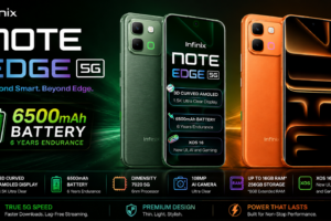 Infinix Note Edge 5G smartphone banner with green and orange color variants, 6500mAh battery, AMOLED display, and premium design.
