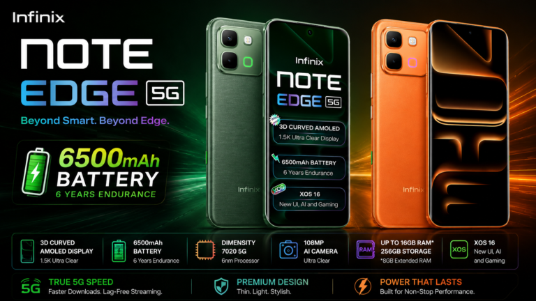 Infinix Note Edge 5G smartphone banner with green and orange color variants, 6500mAh battery, AMOLED display, and premium design.