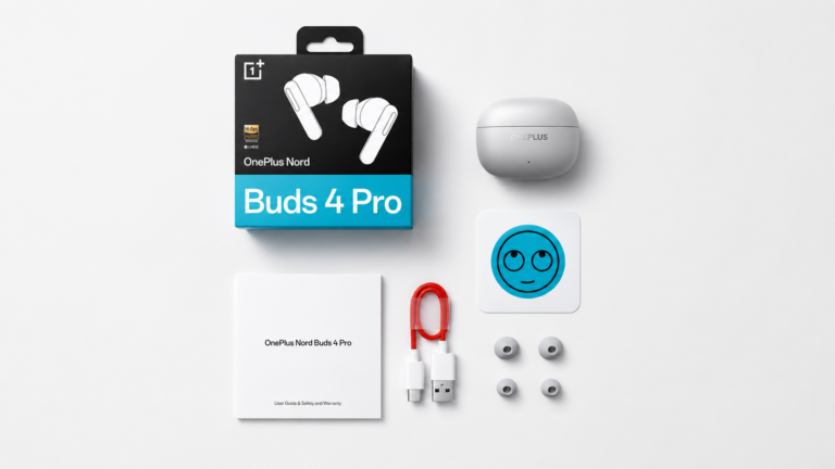 OnePlus Nord Buds 4 Pro retail box, charging case, USB Type-C cable, ear tips, and user manual arranged neatly on a clean white background.