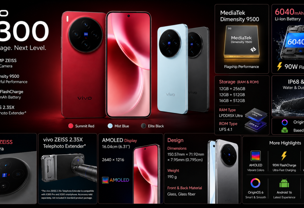 Vivo X300 smartphone promotional banner featuring Summit Red, Mist Blue, and Elite Black color variants with AMOLED display, 200MP ZEISS camera, MediaTek Dimensity 9500 processor, 6040mAh battery, and 90W FlashCharge specifications.