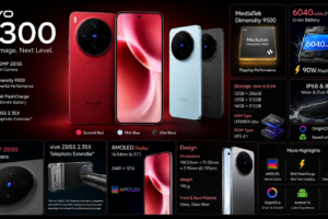 Vivo X300 smartphone promotional banner featuring Summit Red, Mist Blue, and Elite Black color variants with AMOLED display, 200MP ZEISS camera, MediaTek Dimensity 9500 processor, 6040mAh battery, and 90W FlashCharge specifications.