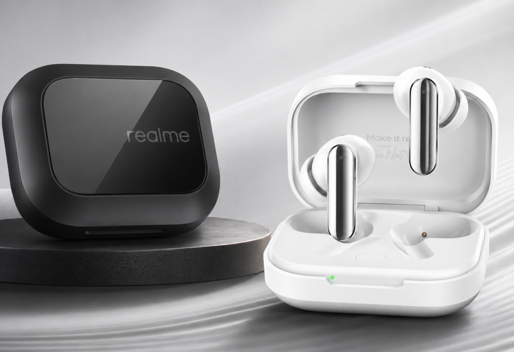 Realme Buds Air 8 Pro wireless earbuds in Master Black and Master White color variants with charging case, showcased in a premium 16:9 product design background.