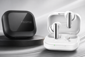 Realme Buds Air 8 Pro wireless earbuds in Master Black and Master White color variants with charging case, showcased in a premium 16:9 product design background.