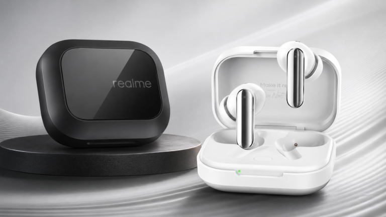 Realme Buds Air 8 Pro wireless earbuds in Master Black and Master White color variants with charging case, showcased in a premium 16:9 product design background.