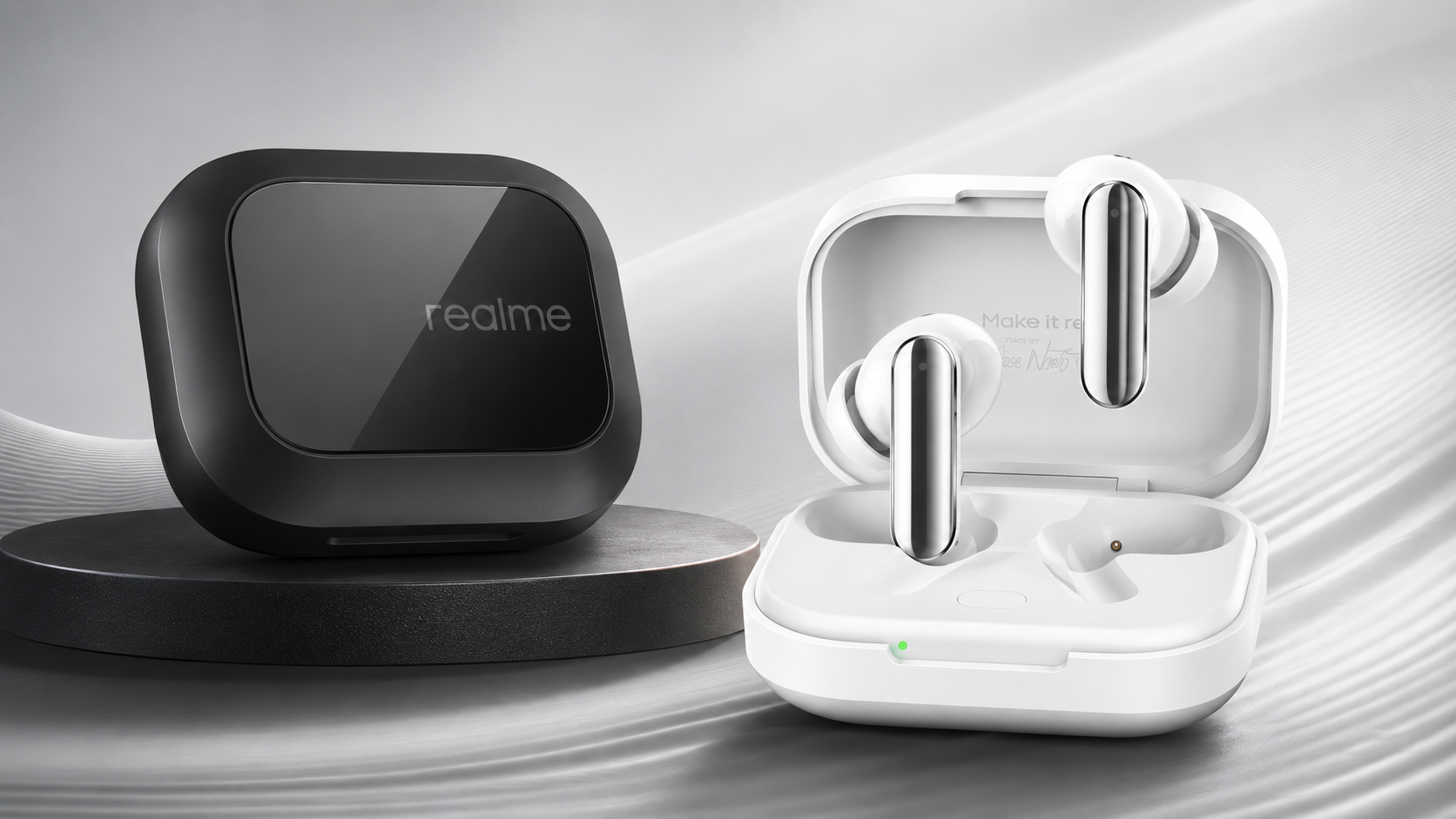Realme Buds Air 8 Pro wireless earbuds in Master Black and Master White color variants with charging case, showcased in a premium 16:9 product design background.