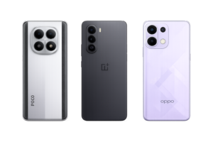 Silver POCO smartphone with quad-camera square module, metallic finish, and black textured side panels shown from the back view. OnePlus Mobile Alt Text: Matte black OnePlus smartphone with triple vertical camera setup and front display shown on a white background. OPPO Mobile Alt Text: Light purple OPPO smartphone with dual-camera design and glossy finish displayed with front and back view.