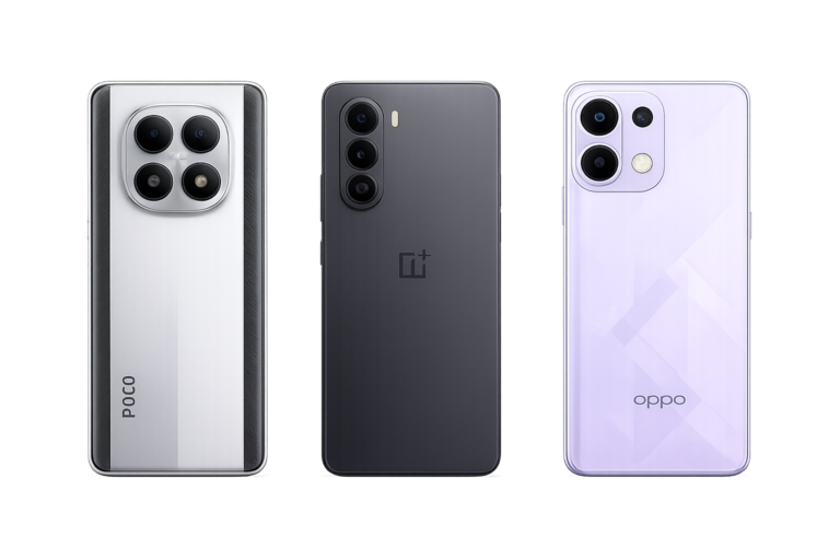 Silver POCO smartphone with quad-camera square module, metallic finish, and black textured side panels shown from the back view. OnePlus Mobile Alt Text: Matte black OnePlus smartphone with triple vertical camera setup and front display shown on a white background. OPPO Mobile Alt Text: Light purple OPPO smartphone with dual-camera design and glossy finish displayed with front and back view.