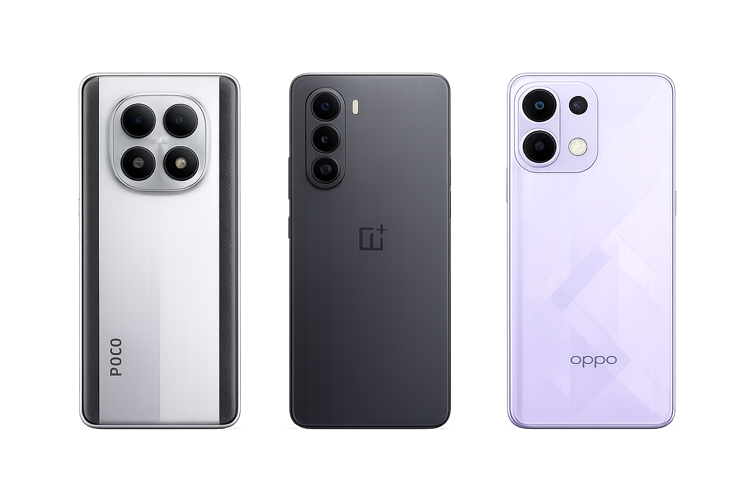 Silver POCO smartphone with quad-camera square module, metallic finish, and black textured side panels shown from the back view. OnePlus Mobile Alt Text: Matte black OnePlus smartphone with triple vertical camera setup and front display shown on a white background. OPPO Mobile Alt Text: Light purple OPPO smartphone with dual-camera design and glossy finish displayed with front and back view.