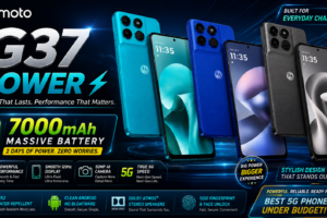 Moto G37 Power smartphone front and back design with 7000mAh battery highlight and premium blue color finish.