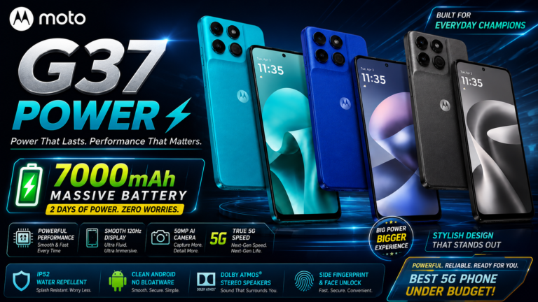 Moto G37 Power smartphone front and back design with 7000mAh battery highlight and premium blue color finish.
