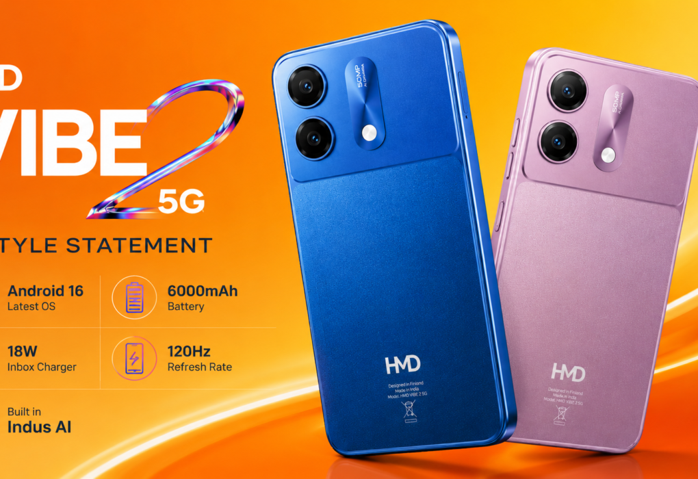 HMD Vibe 2 5G mobile phone featuring Android 16, 6000mAh battery, 120Hz display, and AI features