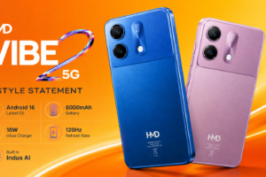 HMD Vibe 2 5G mobile phone featuring Android 16, 6000mAh battery, 120Hz display, and AI features