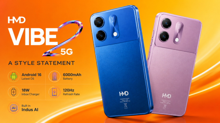 HMD Vibe 2 5G mobile phone featuring Android 16, 6000mAh battery, 120Hz display, and AI features
